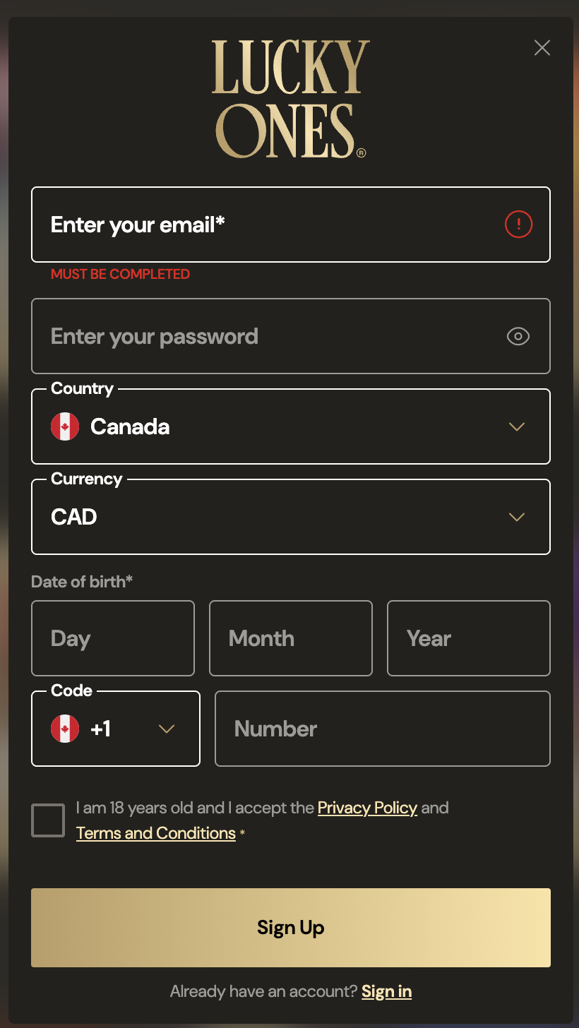 LuckyOnes Casino sign-up registration form