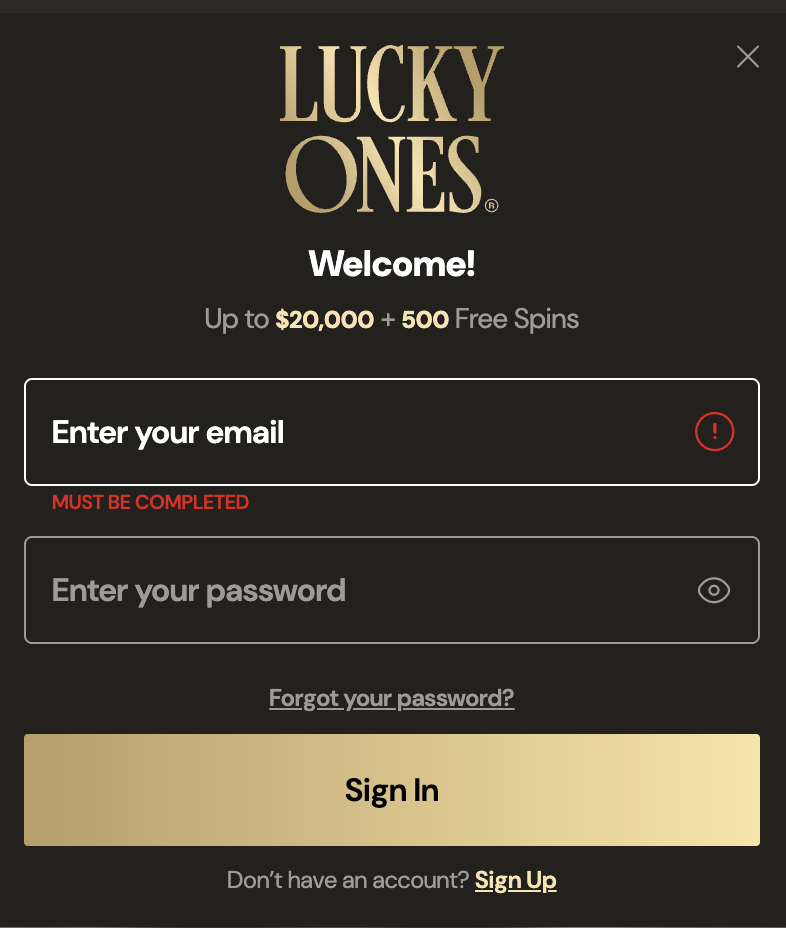 LuckyOnes Casino login screen